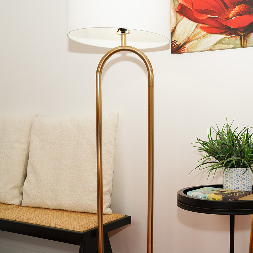 Vivid Brass Ring Base Floor Lamp with Large White Drum Shade from Ashcroft Furniture - Luna Furniture