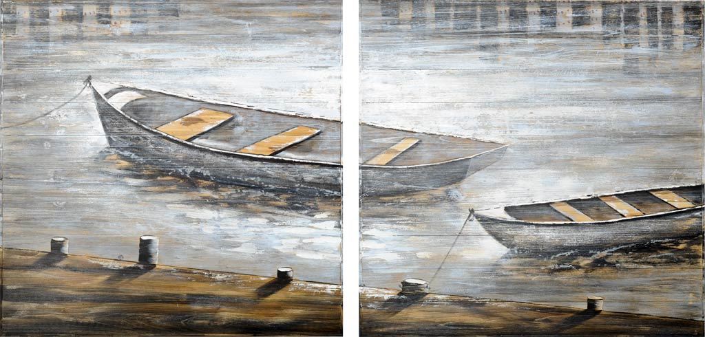 Creekside Diptych 80x40 Boats Original Hand Painted on Wood Oil Painting from Mercana - Luna Furniture