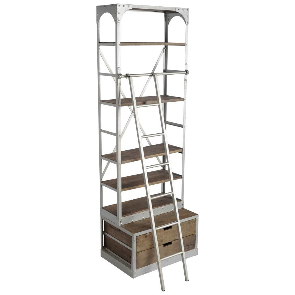 Brodie III 32L x 22W x 94H Medium Brown Wood Silver Accent Four Shelf Shelving Unit from Mercana - Luna Furniture