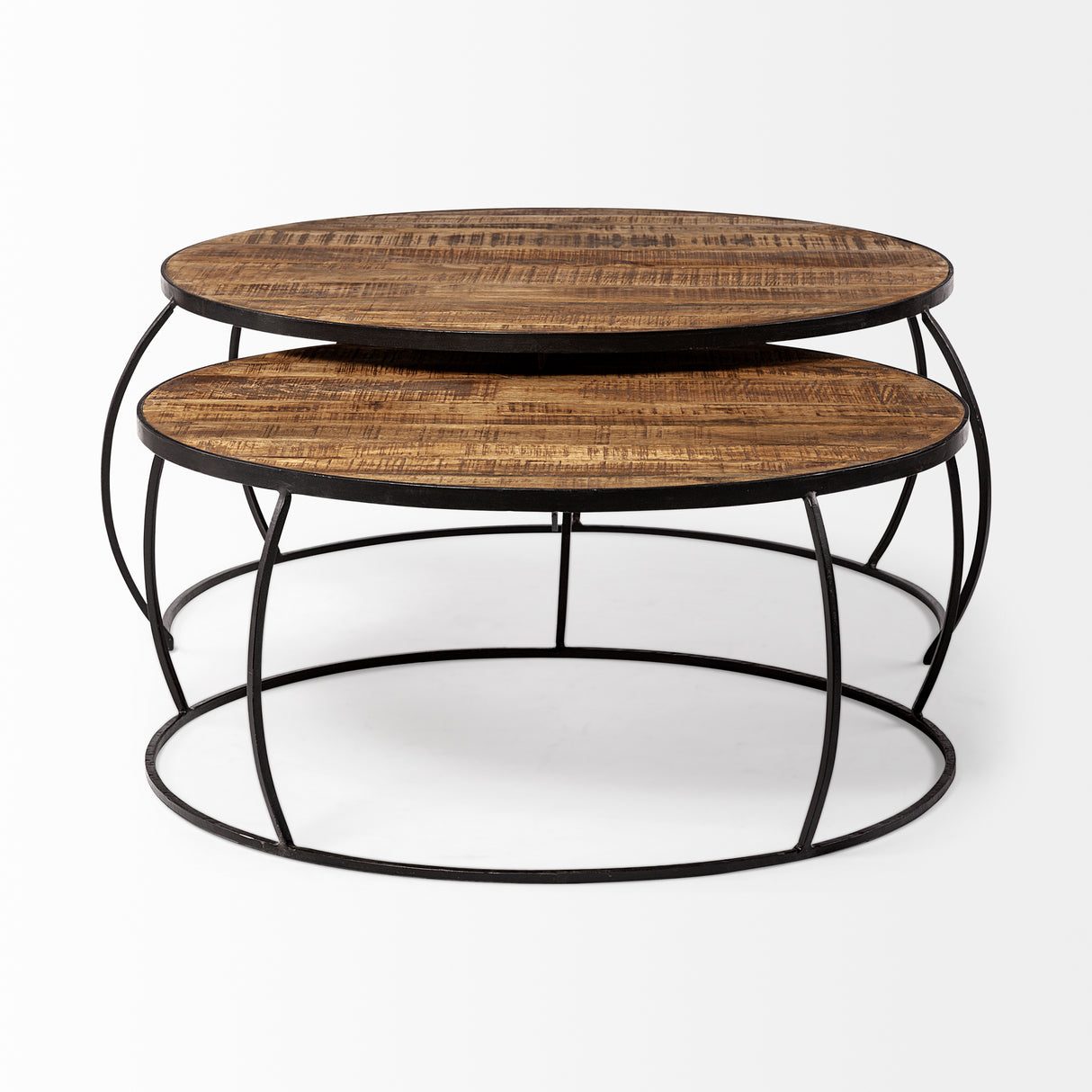Clapp I Set of 2 (41" & 38") Round Brown Wood Top Black Iron Base Nesting Coffee Tables from Mercana - Luna Furniture