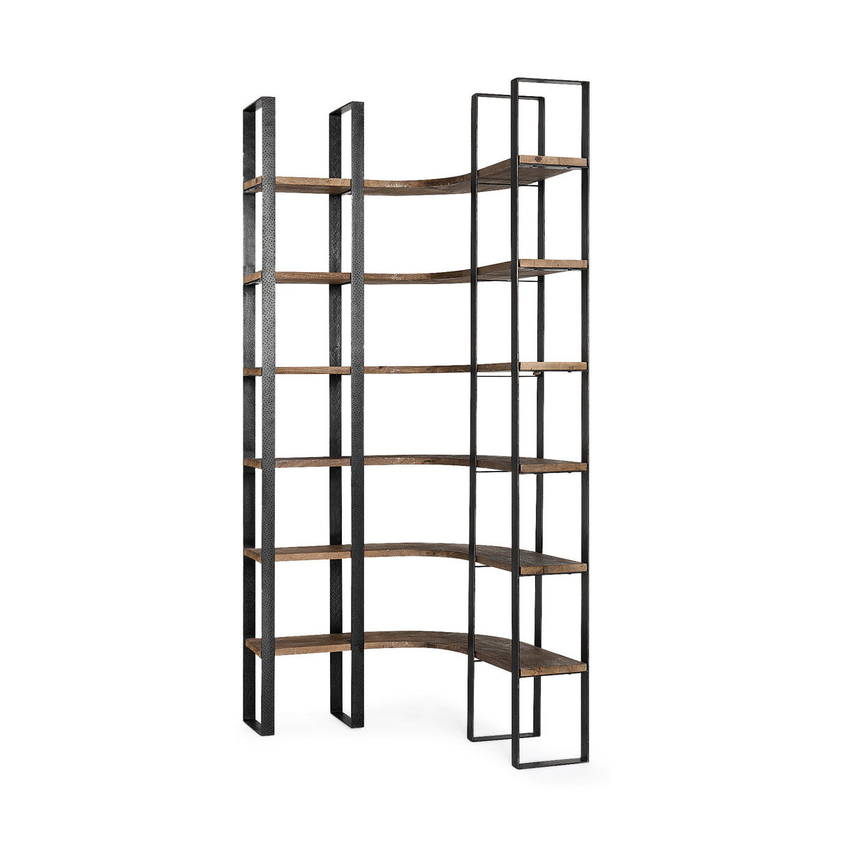 Turner II 37L x 10.5W x 90H Curved Dark Brown Wood And Black Iron Six Shelving Unit from Mercana - Luna Furniture