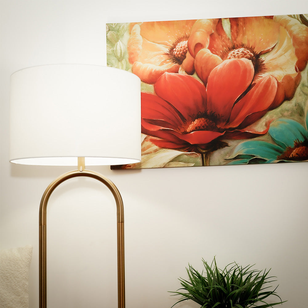 Vivid Brass Ring Base Floor Lamp with Large White Drum Shade from Ashcroft Furniture - Luna Furniture