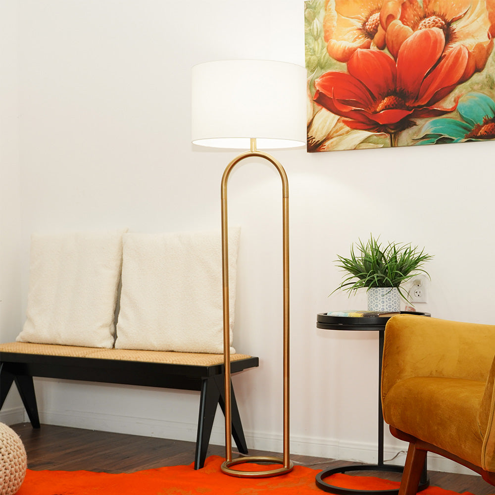 Vivid Brass Ring Base Floor Lamp with Large White Drum Shade from Ashcroft Furniture - Luna Furniture