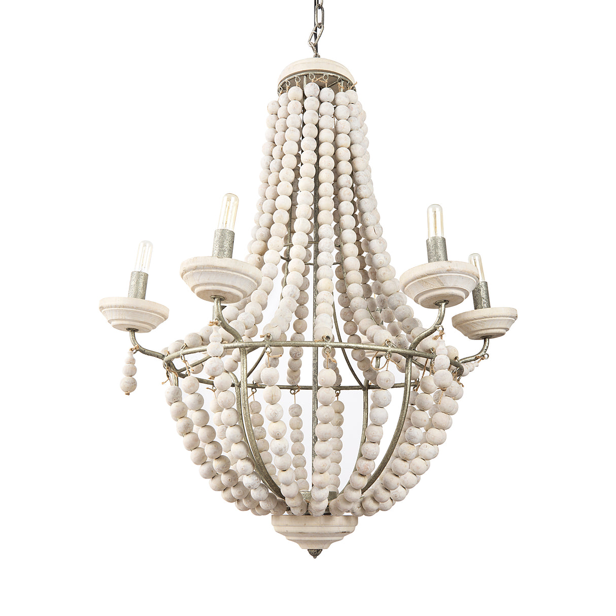 Phillum (29"x37") Silver Metal Chassis and White Wood Beaded Six Bulb Chandelier from Mercana - Luna Furniture