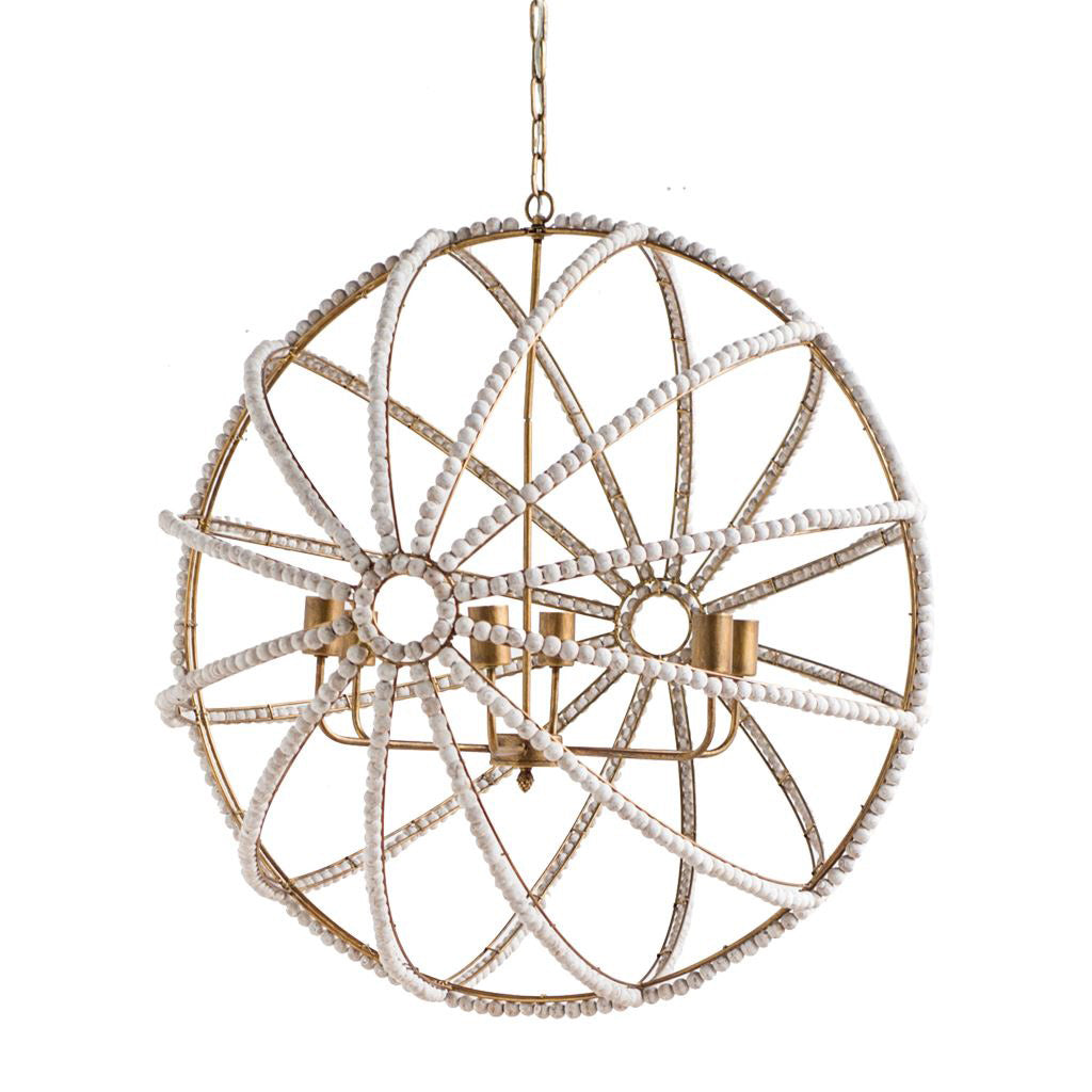 Ava White (34"D) Gold Metal and White Wood Beaded Six Bulb Chandelier from Mercana - Luna Furniture