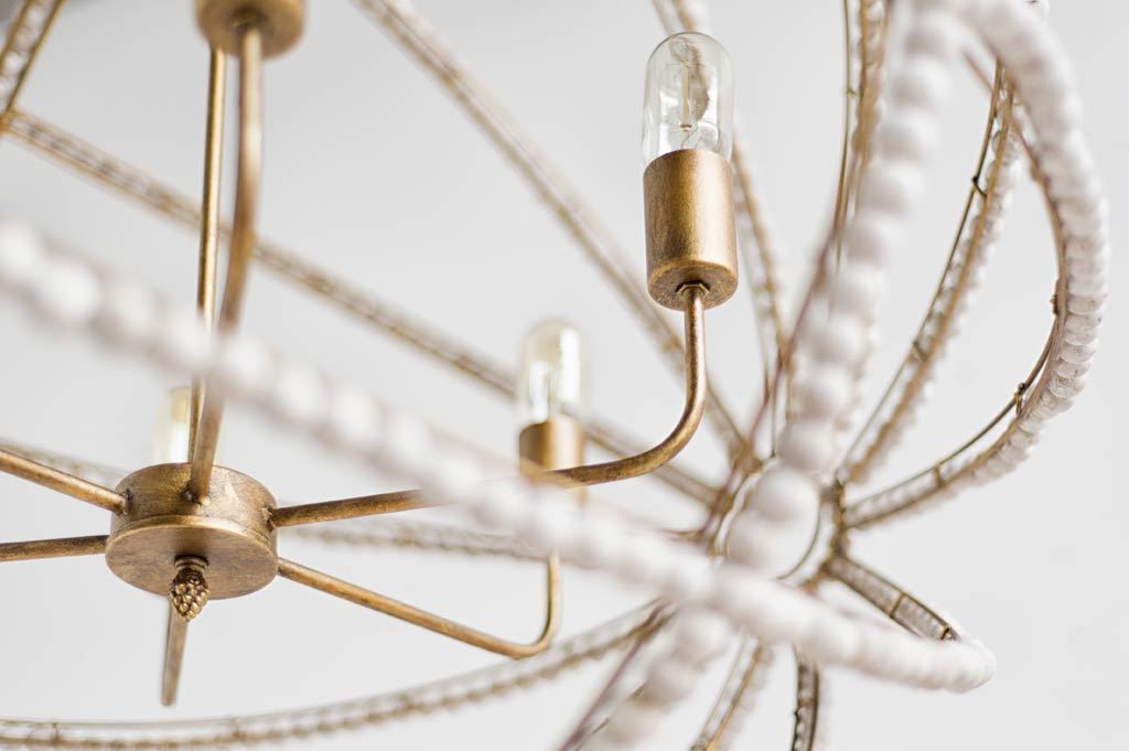 Ava White (34"D) Gold Metal and White Wood Beaded Six Bulb Chandelier from Mercana - Luna Furniture