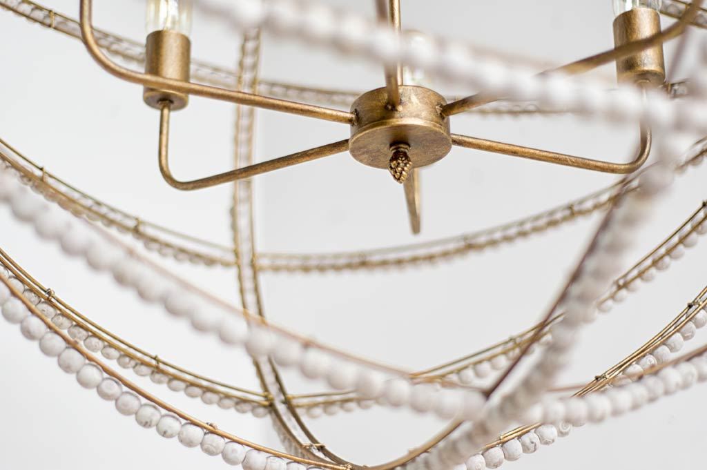 Ava White (34"D) Gold Metal and White Wood Beaded Six Bulb Chandelier from Mercana - Luna Furniture