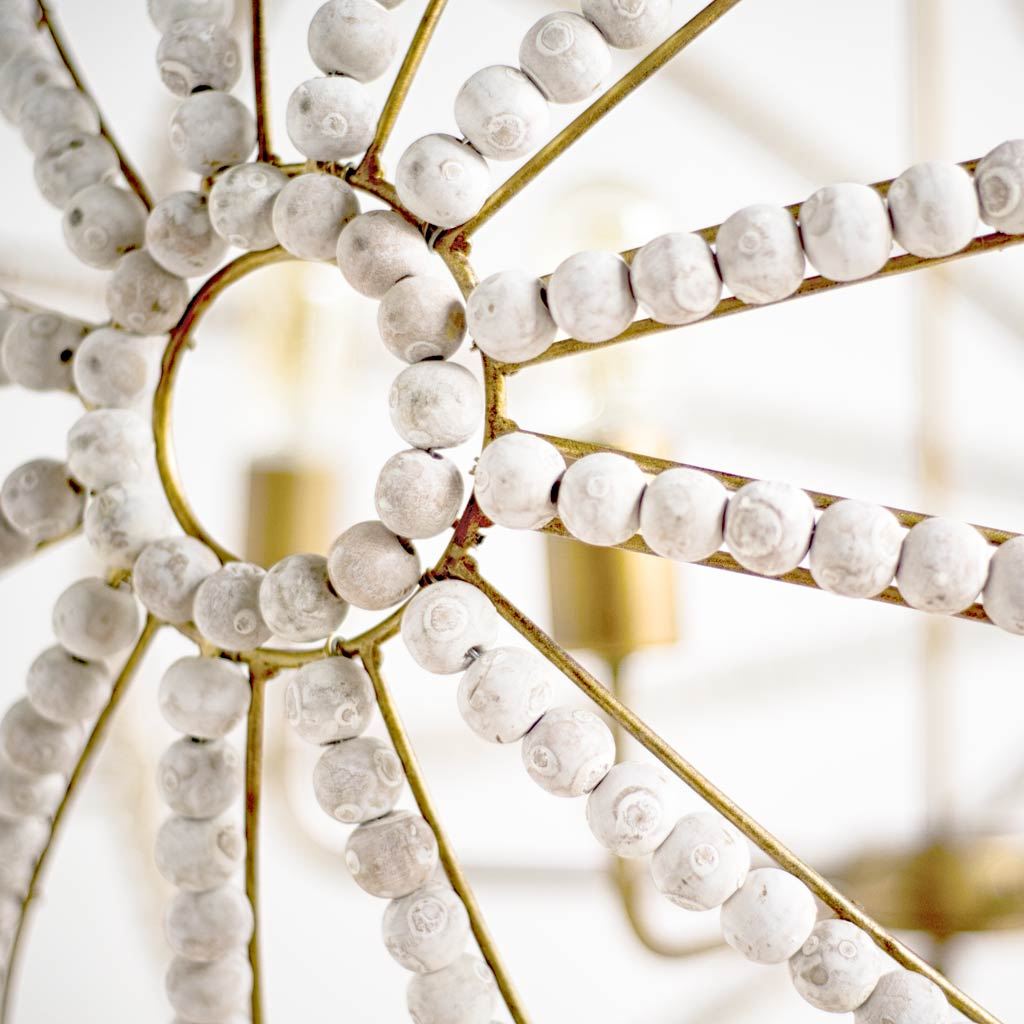 Ava White (34"D) Gold Metal and White Wood Beaded Six Bulb Chandelier from Mercana - Luna Furniture