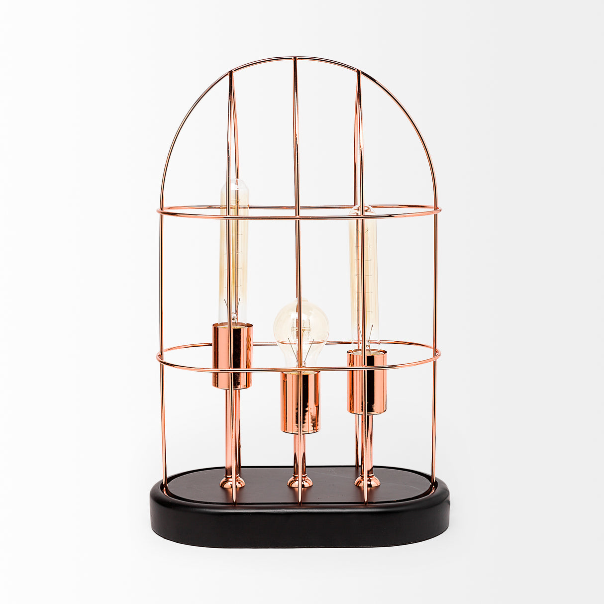 Sutton (19.3"H) Rose-Gold Metal Cylindrical Cage Three Bulb Table Lamp from Mercana - Luna Furniture
