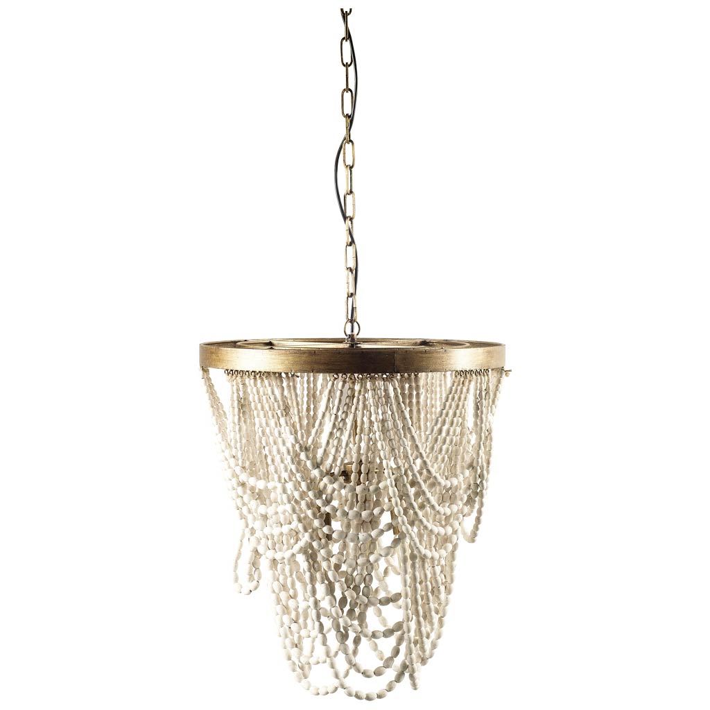 Pendra (26"x23") Gold Metal Whitewashed Wooden Bead Three Bulb Chandelier from Mercana - Luna Furniture