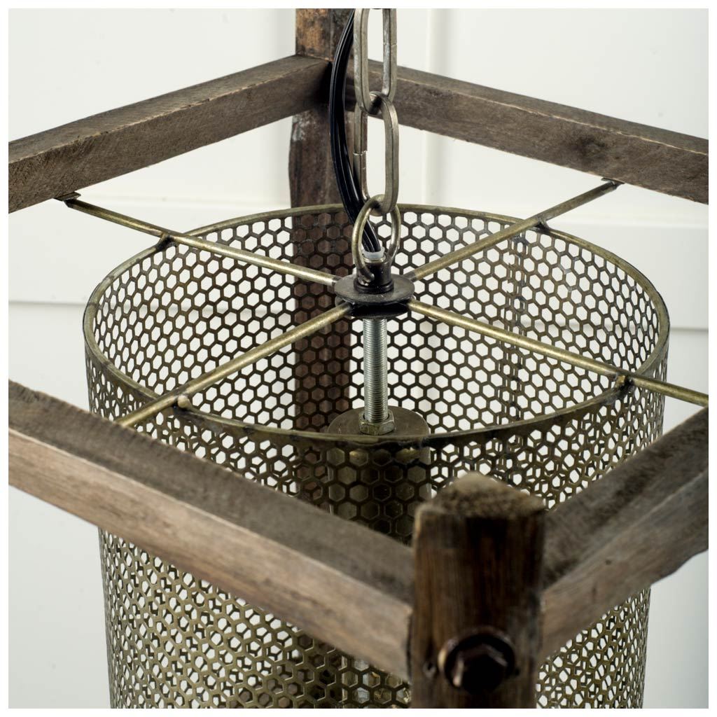 Keppler 16L x 16W x 18.3H Perforated Metal and Wood Pendant Light from Mercana - Luna Furniture
