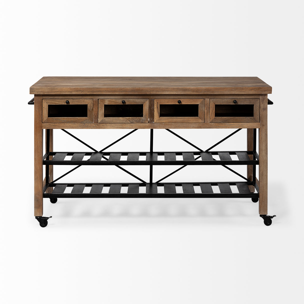Stuart I Brown Solid Wood Top Two-Tier Black Metal Rolling Kitchen Island from Mercana - Luna Furniture
