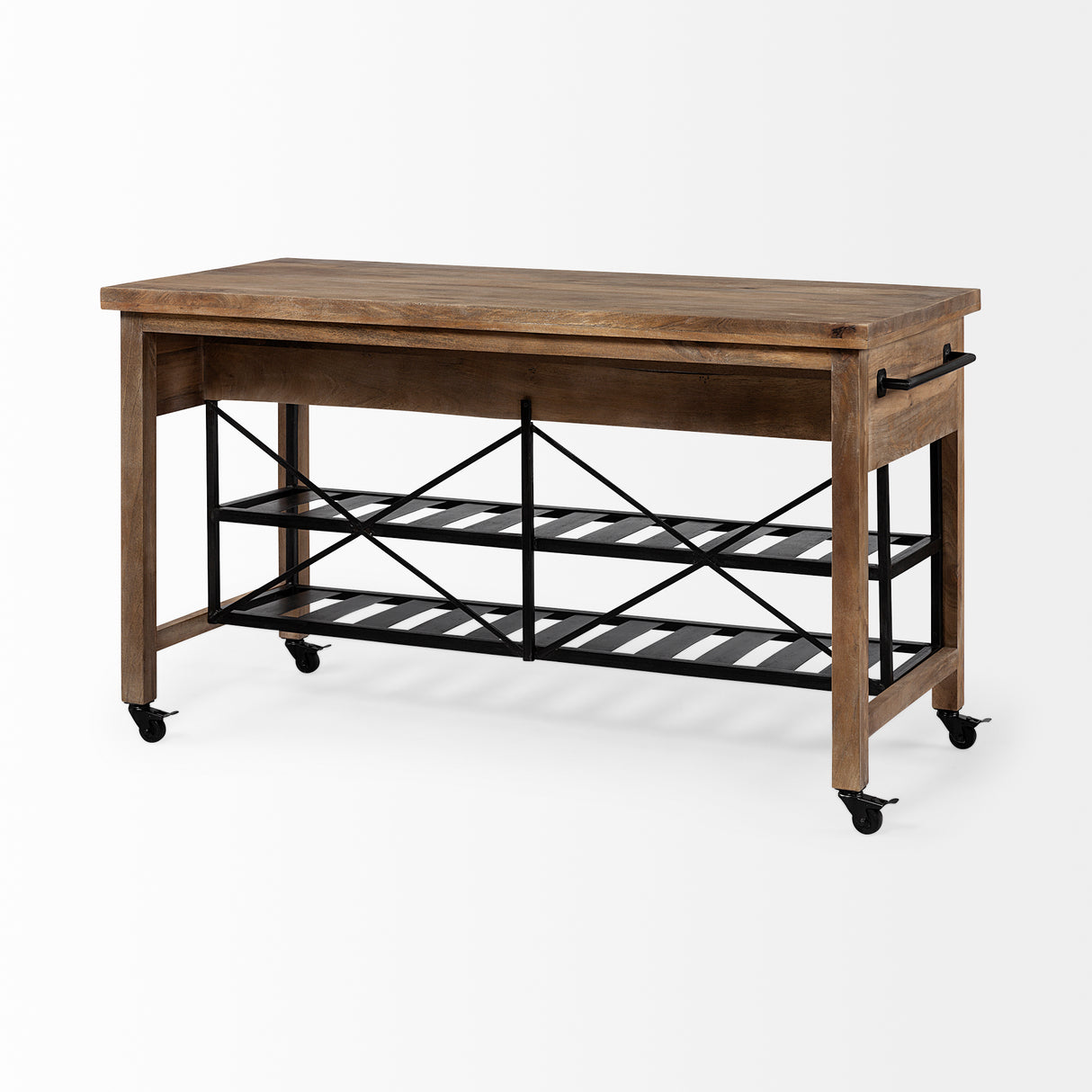 Stuart I Brown Solid Wood Top Two-Tier Black Metal Rolling Kitchen Island from Mercana - Luna Furniture