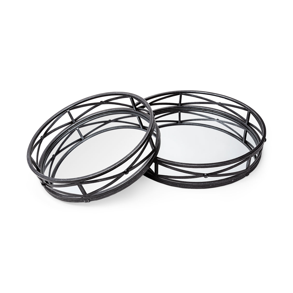 Piers (Set of 2) Black Metal Mirrored Round Trays from Mercana - Luna Furniture