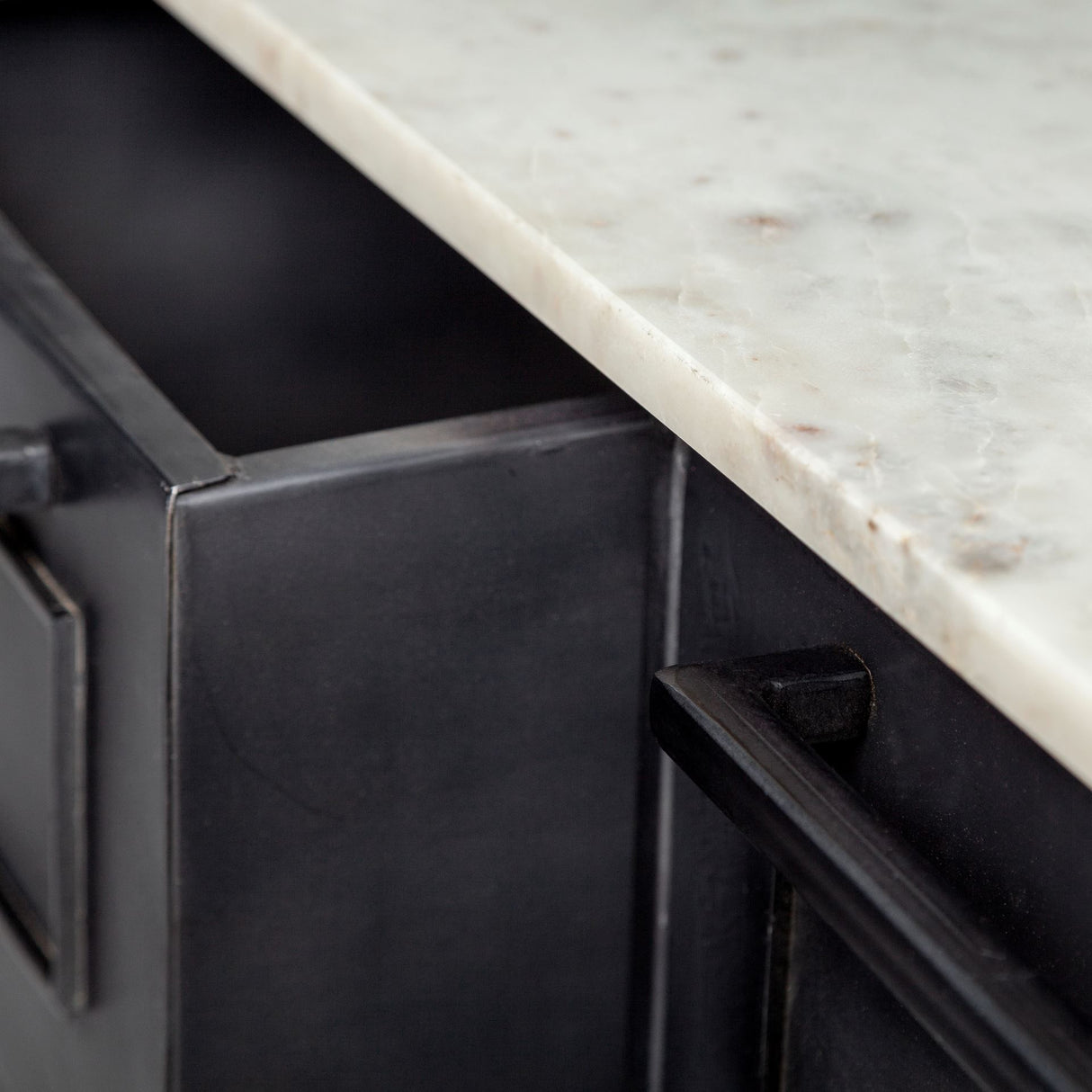 Fieri Solid Iron Black Body White Marble Top Four Drawer Kitchen Island from Mercana - Luna Furniture