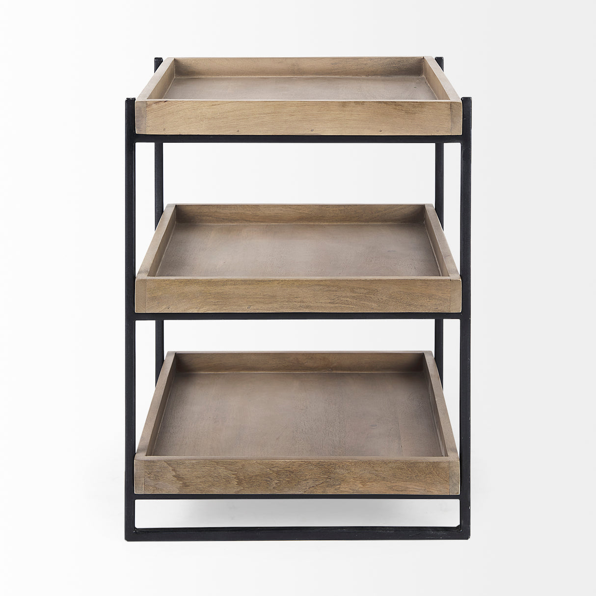 Trey III 20" x 26" Square Medium Brown Wooden Three-Tiered Black Iron Frame End/Side Table from Mercana - Luna Furniture