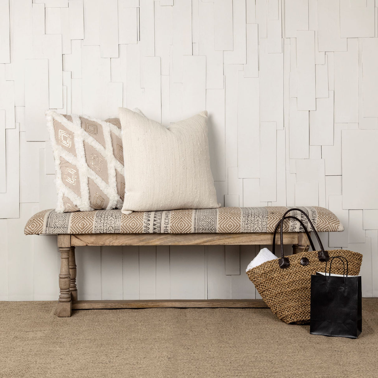 Greenfield II 59L x 14W Patterned Tan Upholstered Wood Frame Accent Bench from Mercana - Luna Furniture