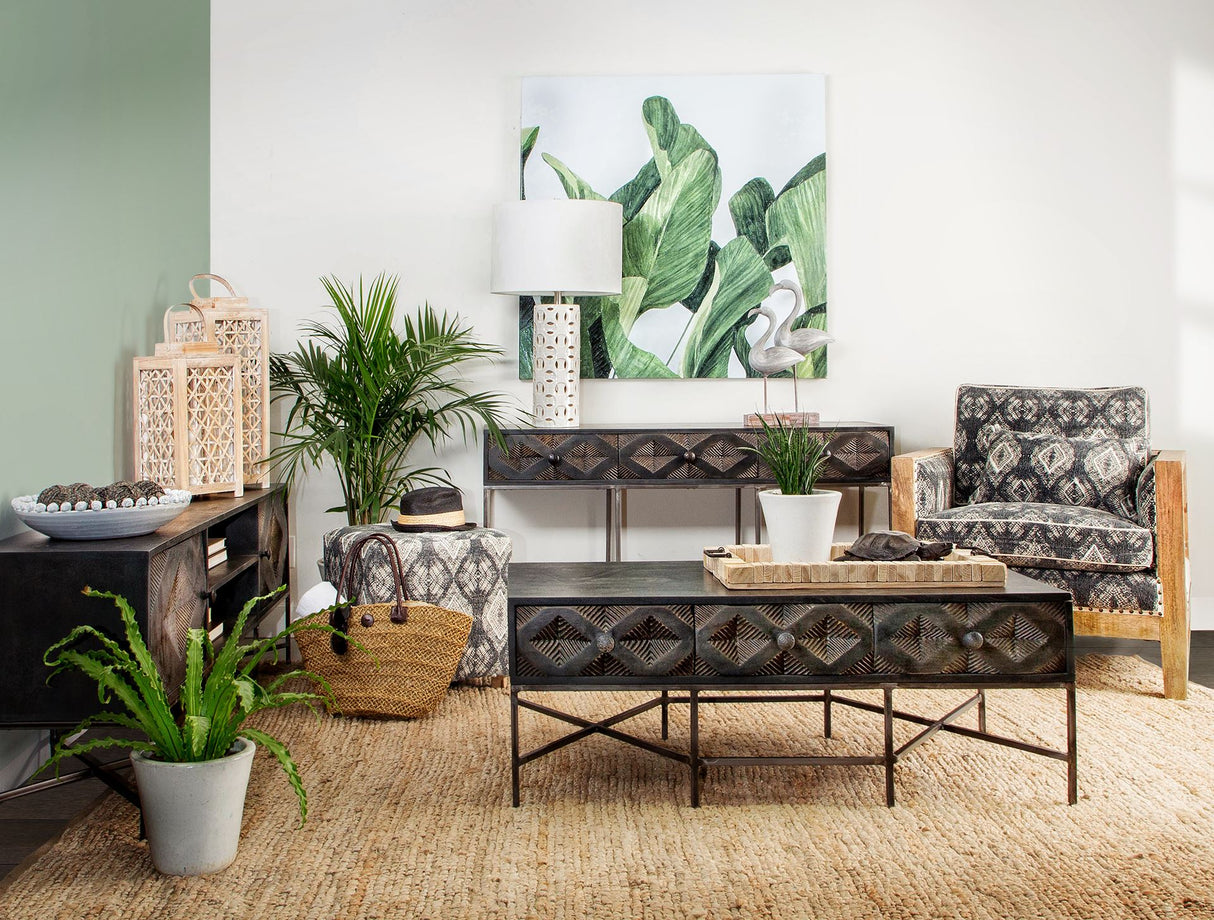 Hogarth 48x24 Rectangular Brown Solid Wood Top Iron Metal Base w/6 Drawers Coffee Table from Mercana - Luna Furniture