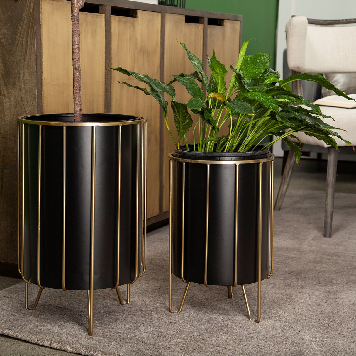 Pianta 13 x 21 Set of Two Black Metal Insert Brass Frame Plant Stands from Mercana - Luna Furniture