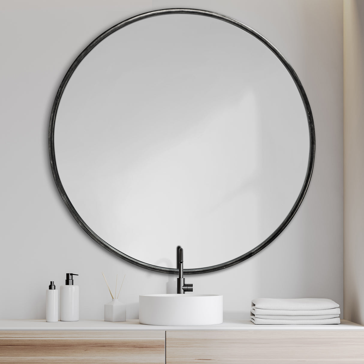 Piper 47.2L x 1.0W x 47.2H Large Black Metal Round Wall Mirror from Mercana - Luna Furniture