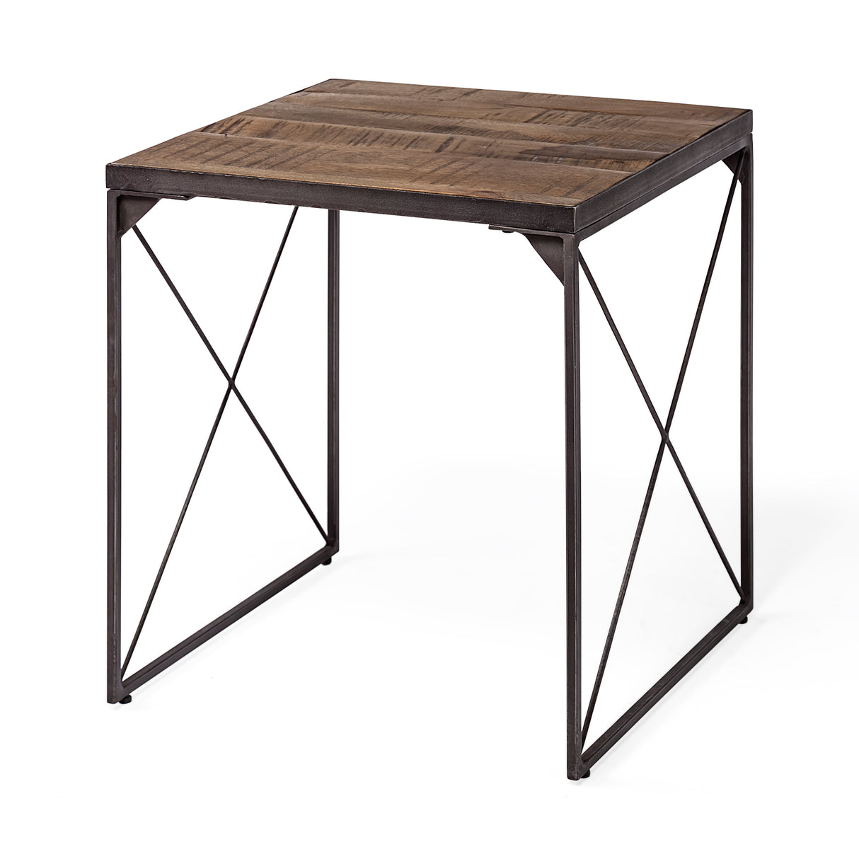 Trestman II 24" x 22.5" Square Top Medium Brown Wood and Iron Cross Braced End/Side Table from Mercana - Luna Furniture