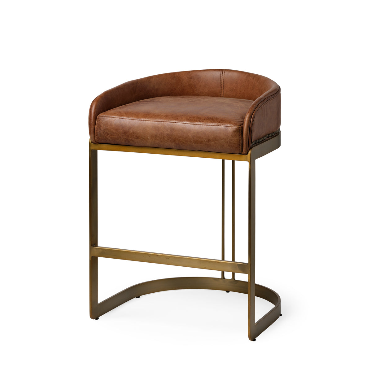 Hollyfield II Brown Leather Seat Gold Metal Base Stool from Mercana - Luna Furniture
