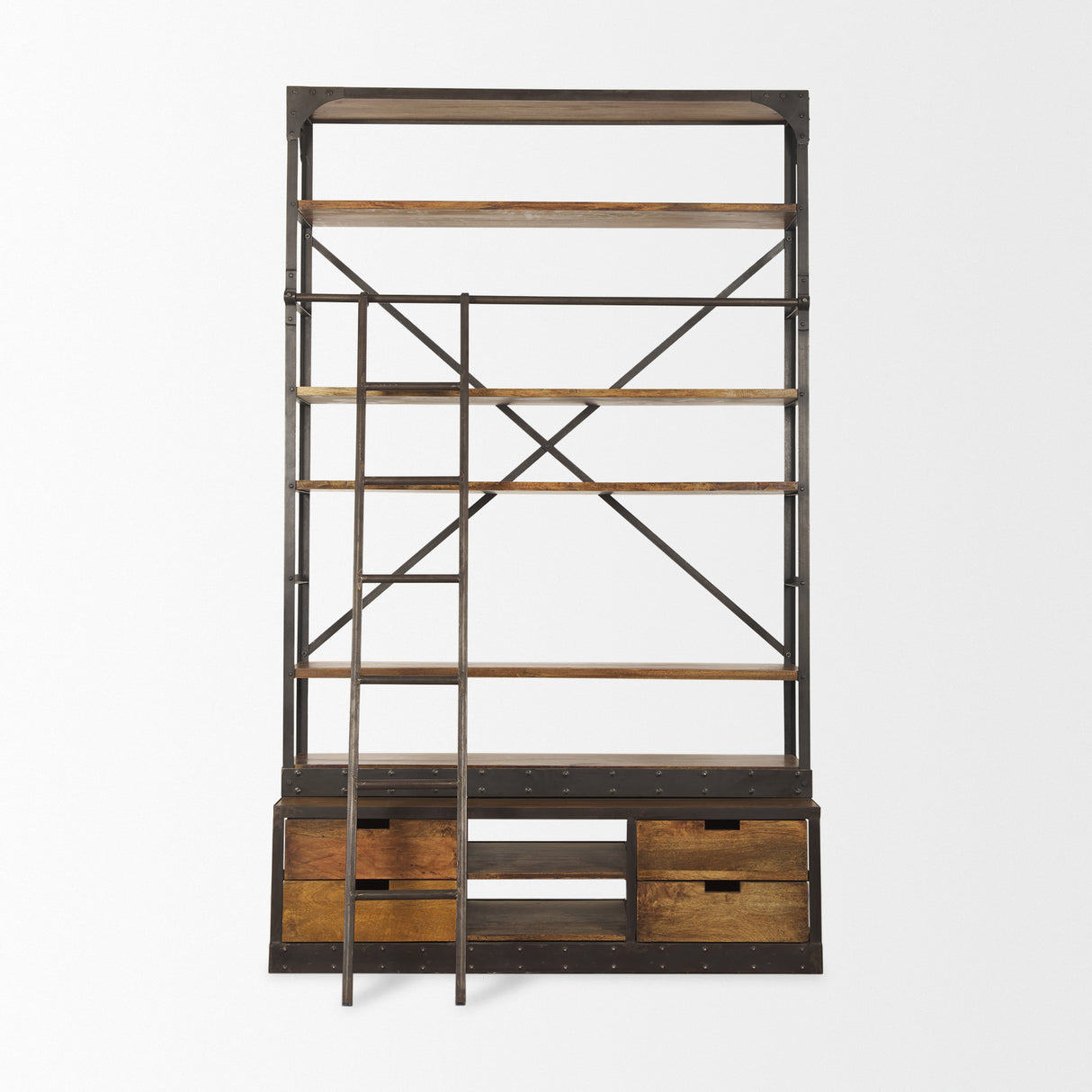 Brodie II Medium Brown Wood Black Ladder Four Shelf Shelving Unit 57L x 20.5W x94H from Mercana - Luna Furniture