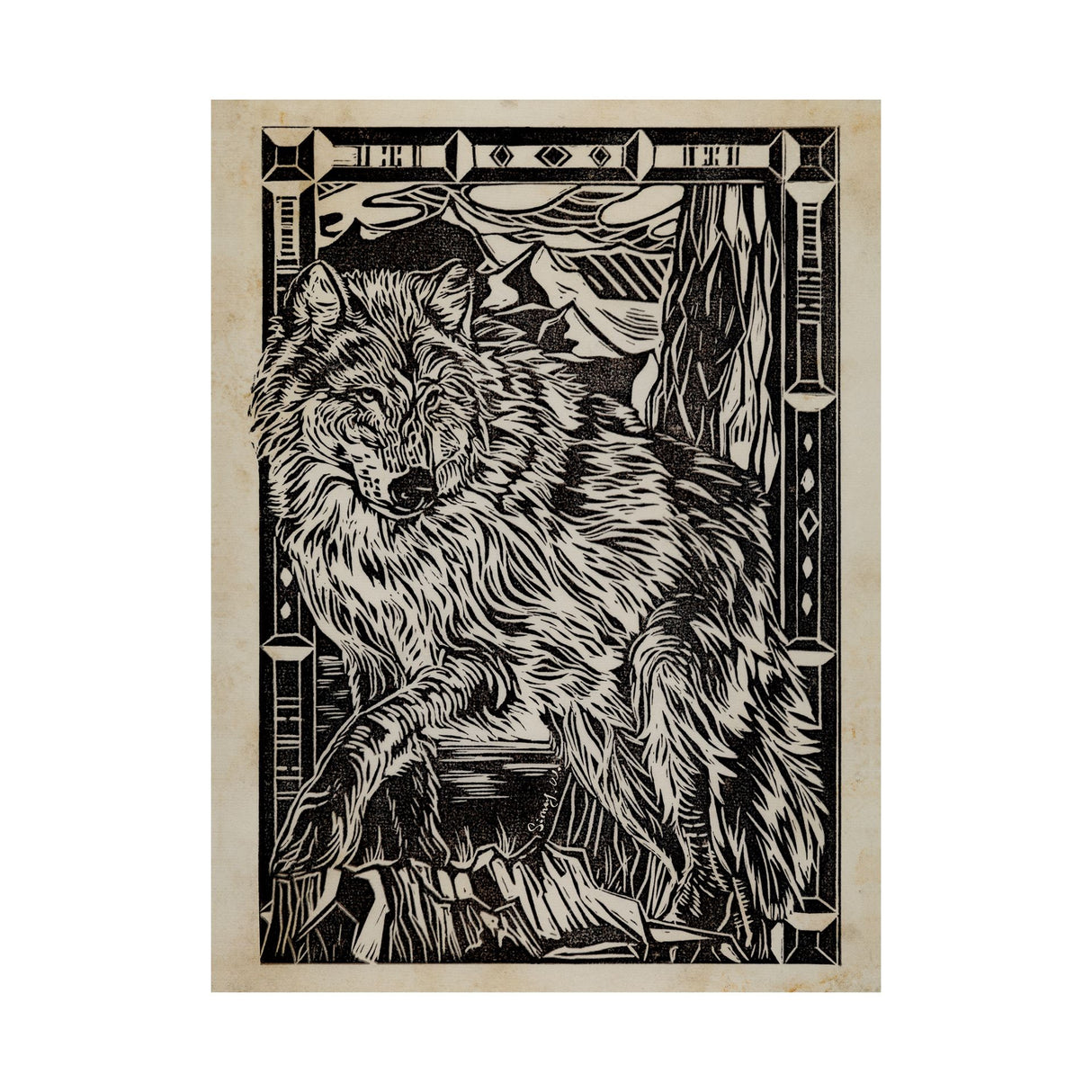 Linocut IV (Wolf) by Mercana Studio a Hand Embellished Textured Canvas from Mercana - Luna Furniture