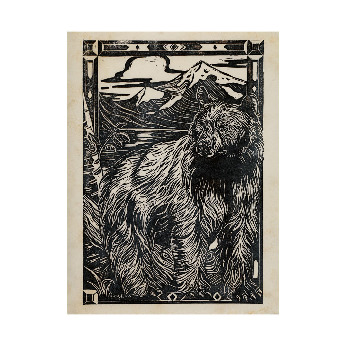 Linocut III (Bear) by Mercana Studio a Hand Embellished Textured Canvas from Mercana - Luna Furniture
