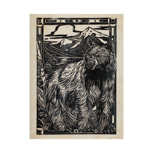 Linocut III (Bear) by Mercana Studio a Hand Embellished Textured Canvas