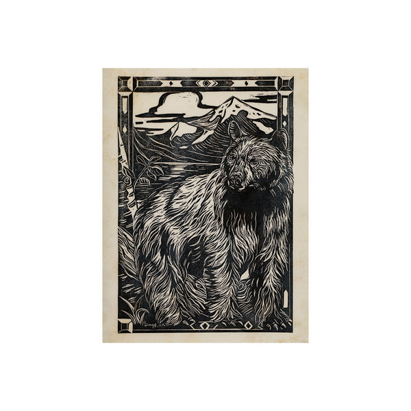 Linocut III (Bear) by Mercana Studio a Hand Embellished Textured Canvas