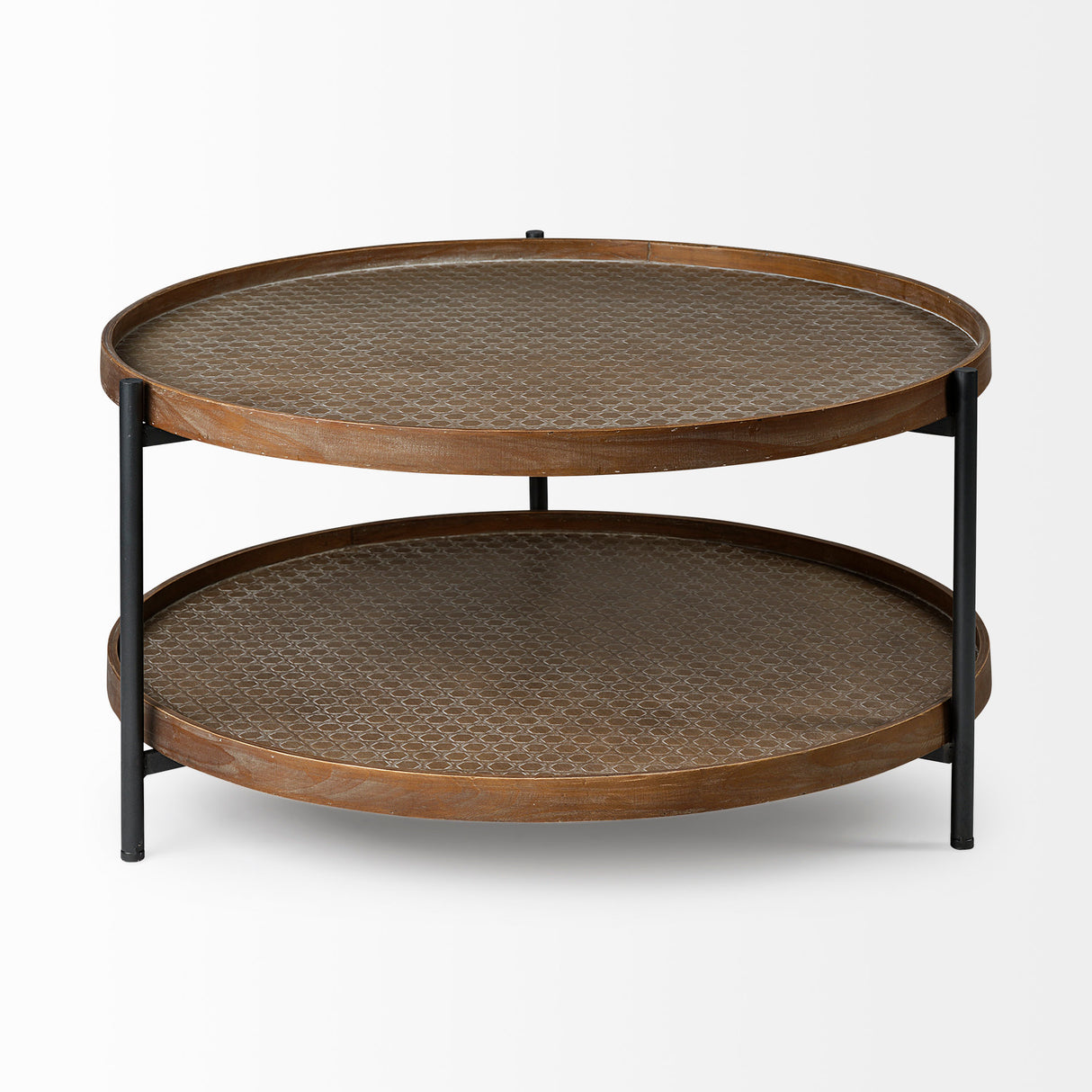 Kade 33" Round Brown Table Gray Metal Frame Two-Tier Coffee Table from Mercana - Luna Furniture
