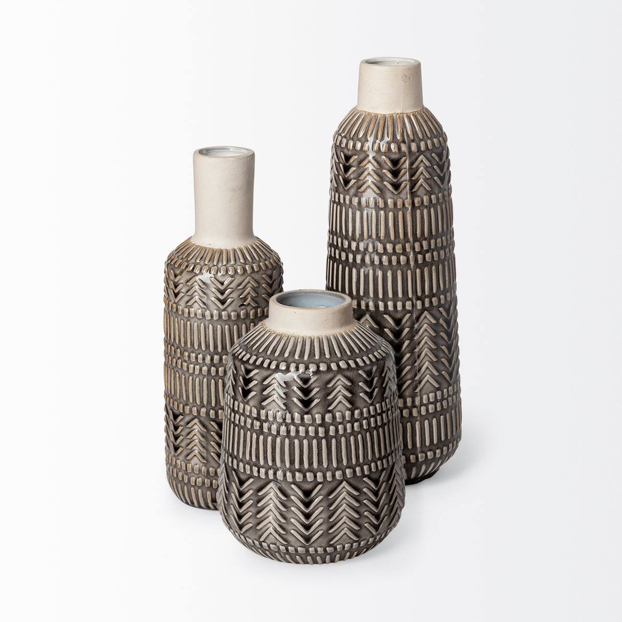 Riker III Large Dark Gray Cream Ceramic Vase from Mercana - Luna Furniture