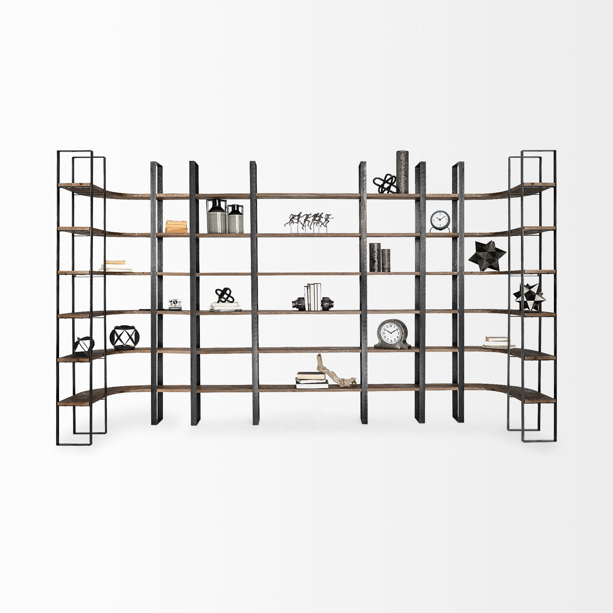 Taunton II 80L x 10.5W x 90H Dark Brown Wood And Black Iron Six Shelving Unit from Mercana - Luna Furniture