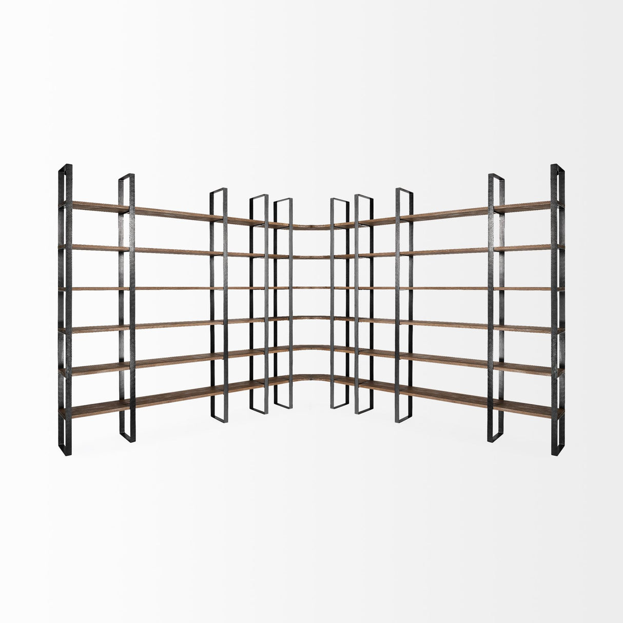Turner II 37L x 10.5W x 90H Curved Dark Brown Wood And Black Iron Six Shelving Unit from Mercana - Luna Furniture