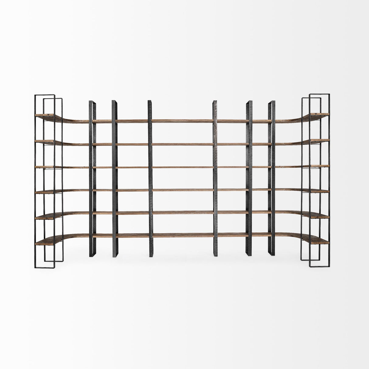 Turner II 37L x 10.5W x 90H Curved Dark Brown Wood And Black Iron Six Shelving Unit from Mercana - Luna Furniture