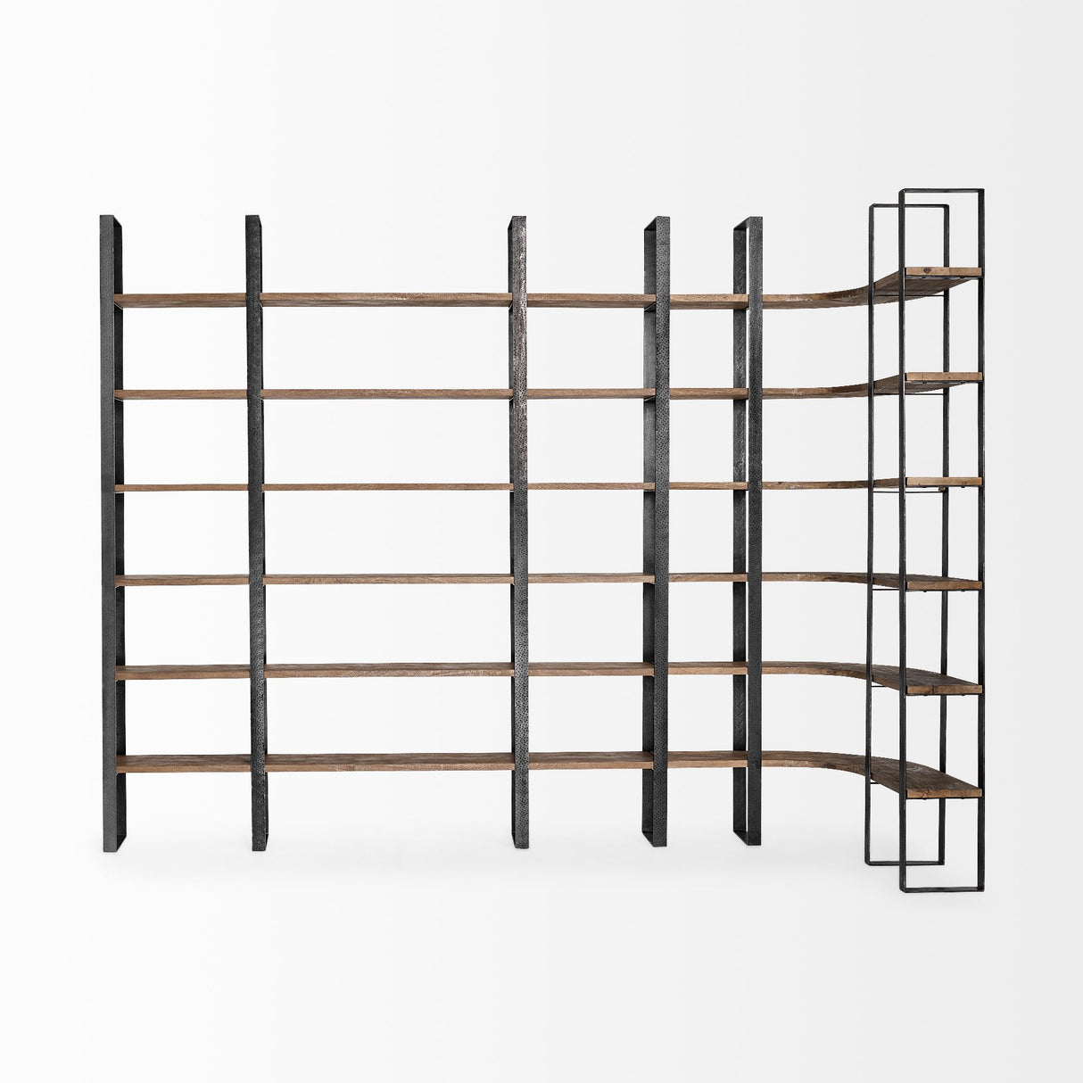 Turner II 37L x 10.5W x 90H Curved Dark Brown Wood And Black Iron Six Shelving Unit from Mercana - Luna Furniture