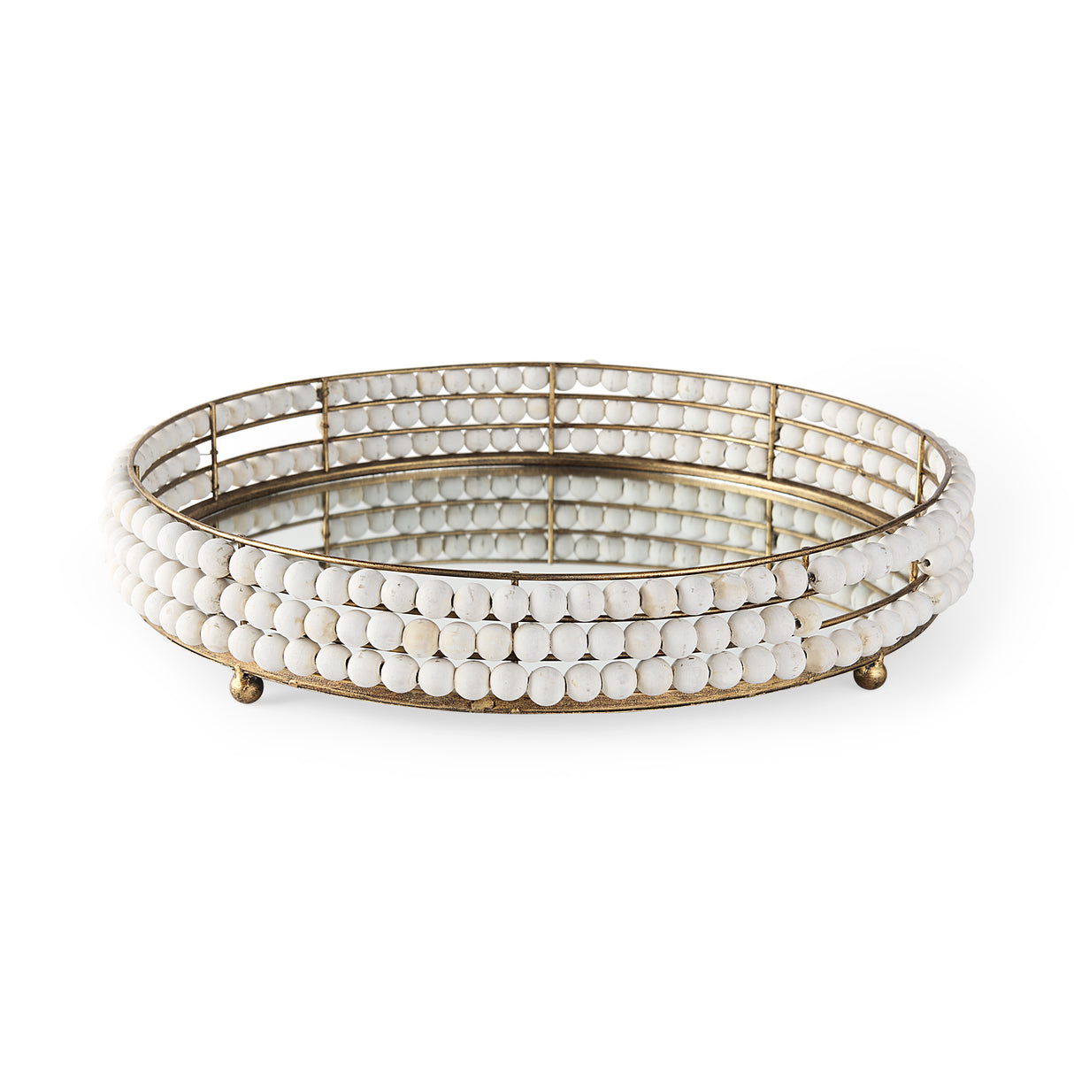Decatur I 21L x 21W White Wooden Bead Mirrored Bottom Round Tray from Mercana - Luna Furniture