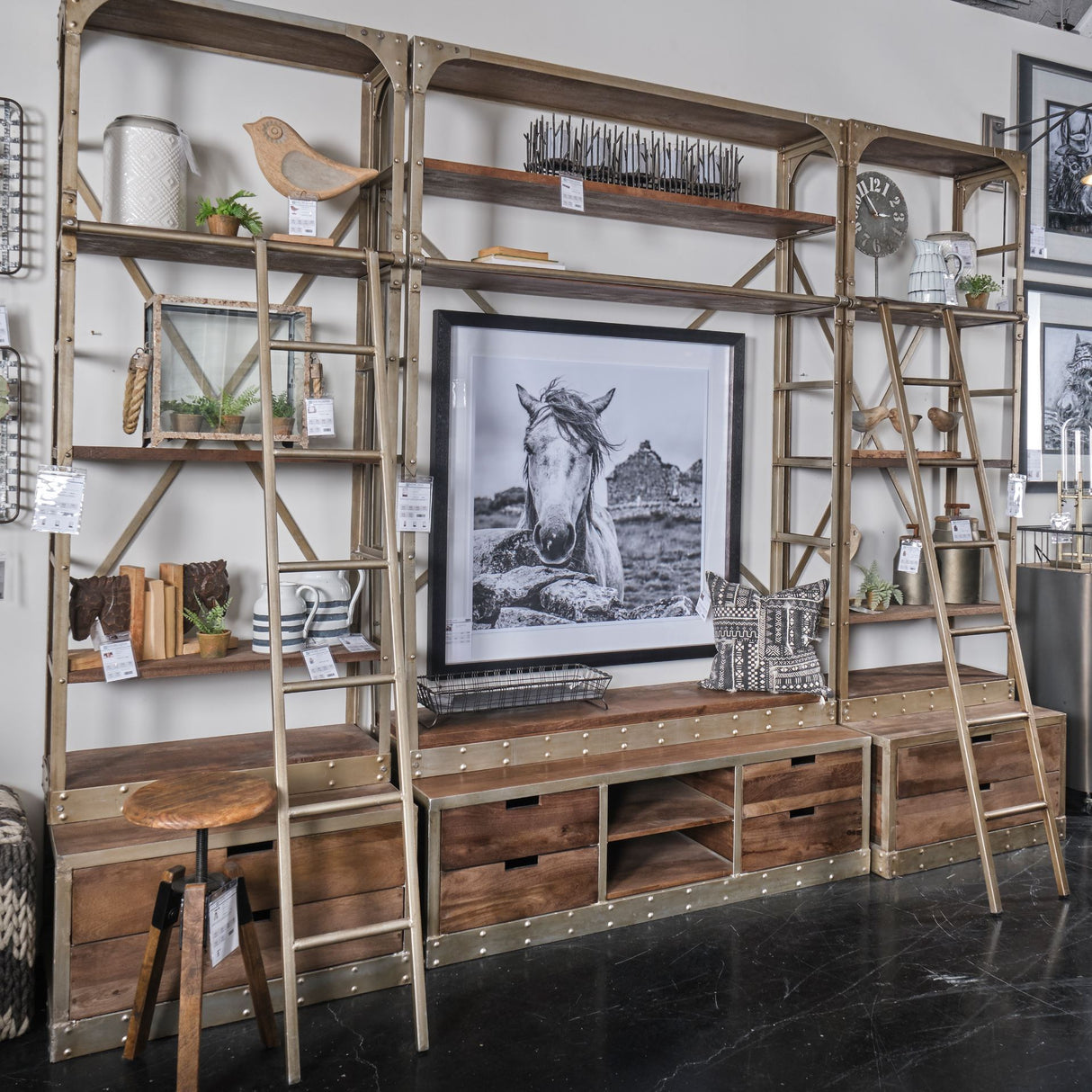Brodie VI 57L x 20.5W x 94H Light Brown Wood Nickle Ladder Four Shelf Shelving Unit from Mercana - Luna Furniture