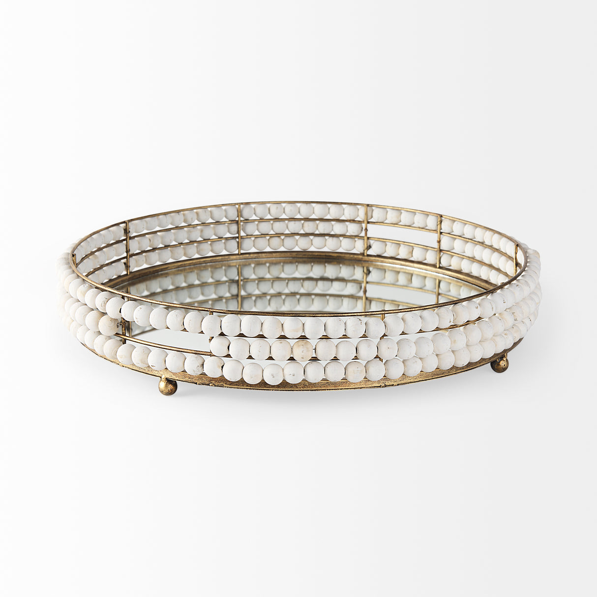 Decatur I 21L x 21W White Wooden Bead Mirrored Bottom Round Tray from Mercana - Luna Furniture