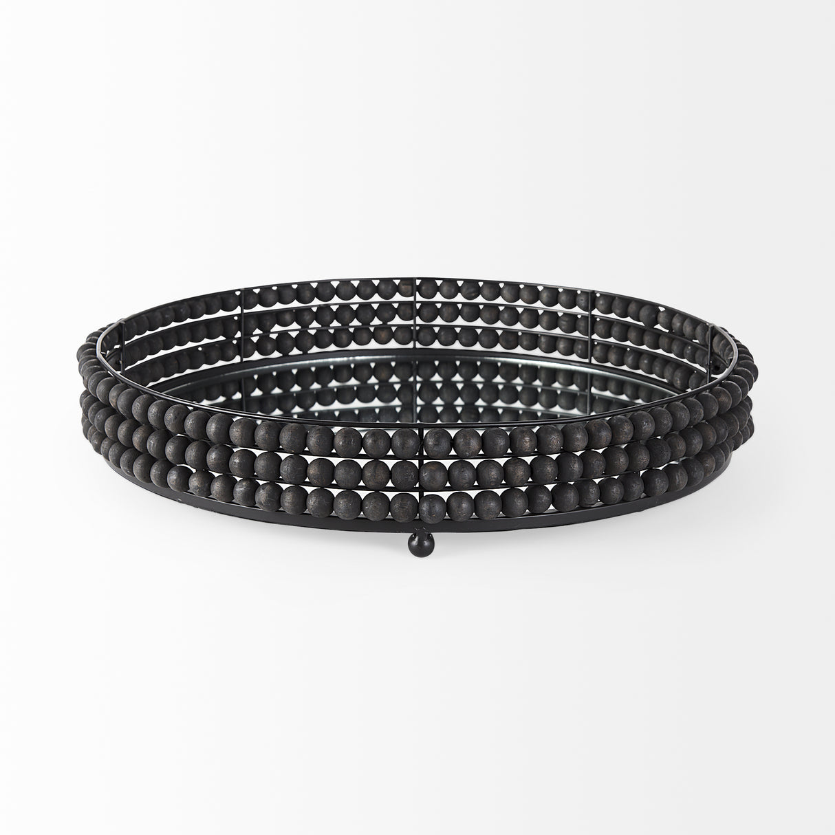 Decatur II 21L x 21W Black Wooden Bead Mirrored Bottom Round Tray from Mercana - Luna Furniture