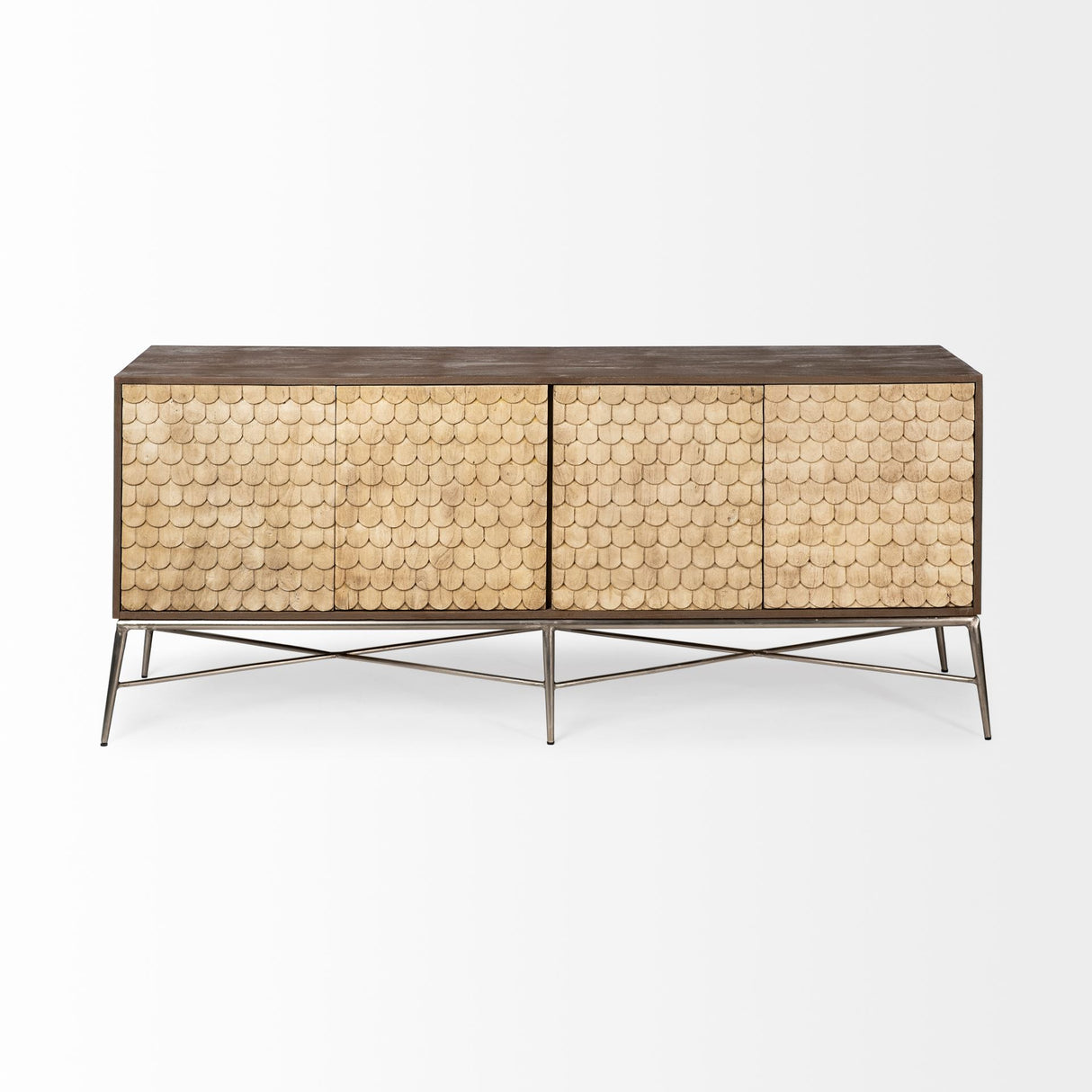 Swordfish 72L x 19W x 30.25H Two-Tone Brown Wood Cabinet Silver Metal Base 4 Cabinet Door Sideboard from Mercana - Luna Furniture