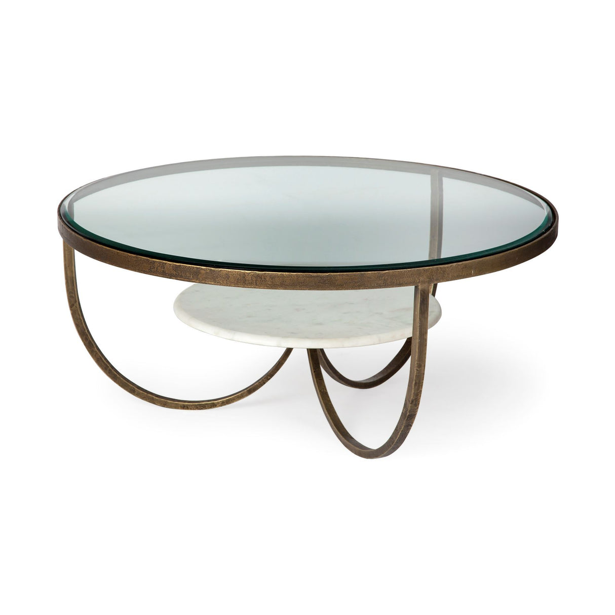 Reinhardt 36" Round Glass Top Marble Shelf Gold Metal Base Coffee Table from Mercana - Luna Furniture