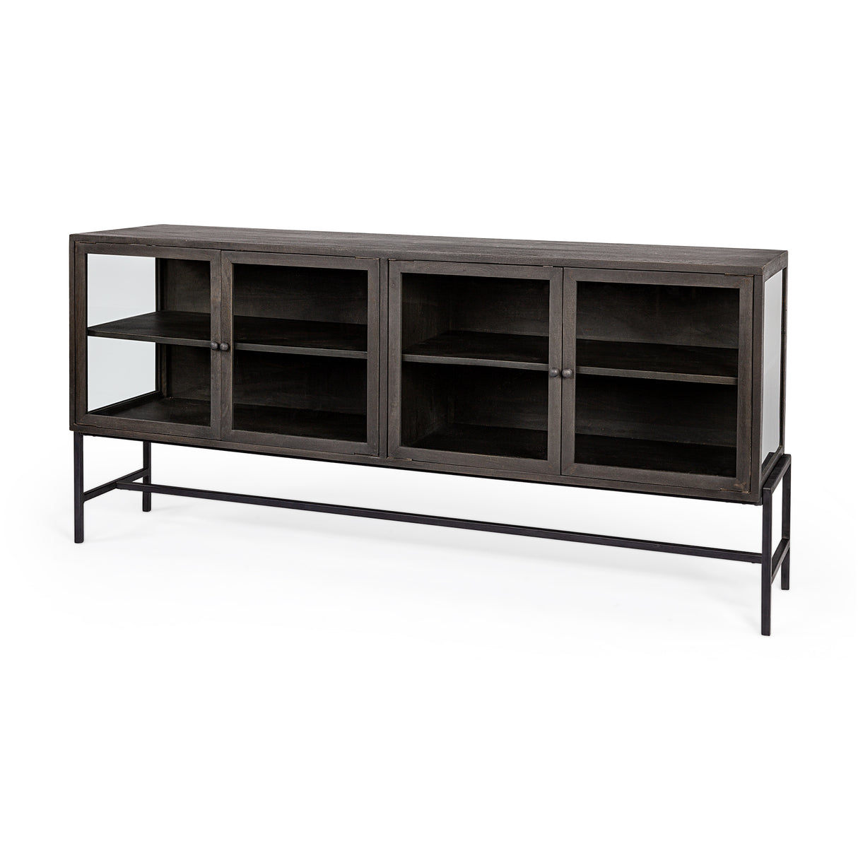Arelius 70L x 18.75W x 32H Black-Brown Wood, Black Metal Base w/ 4 Glass Cabinet Doors Sideboard from Mercana - Luna Furniture