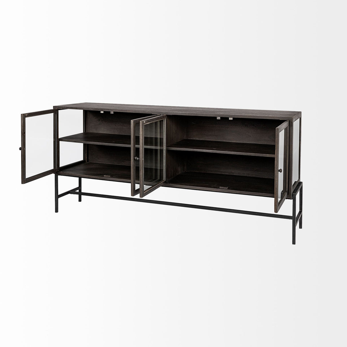 Arelius 70L x 18.75W x 32H Black-Brown Wood, Black Metal Base w/ 4 Glass Cabinet Doors Sideboard from Mercana - Luna Furniture