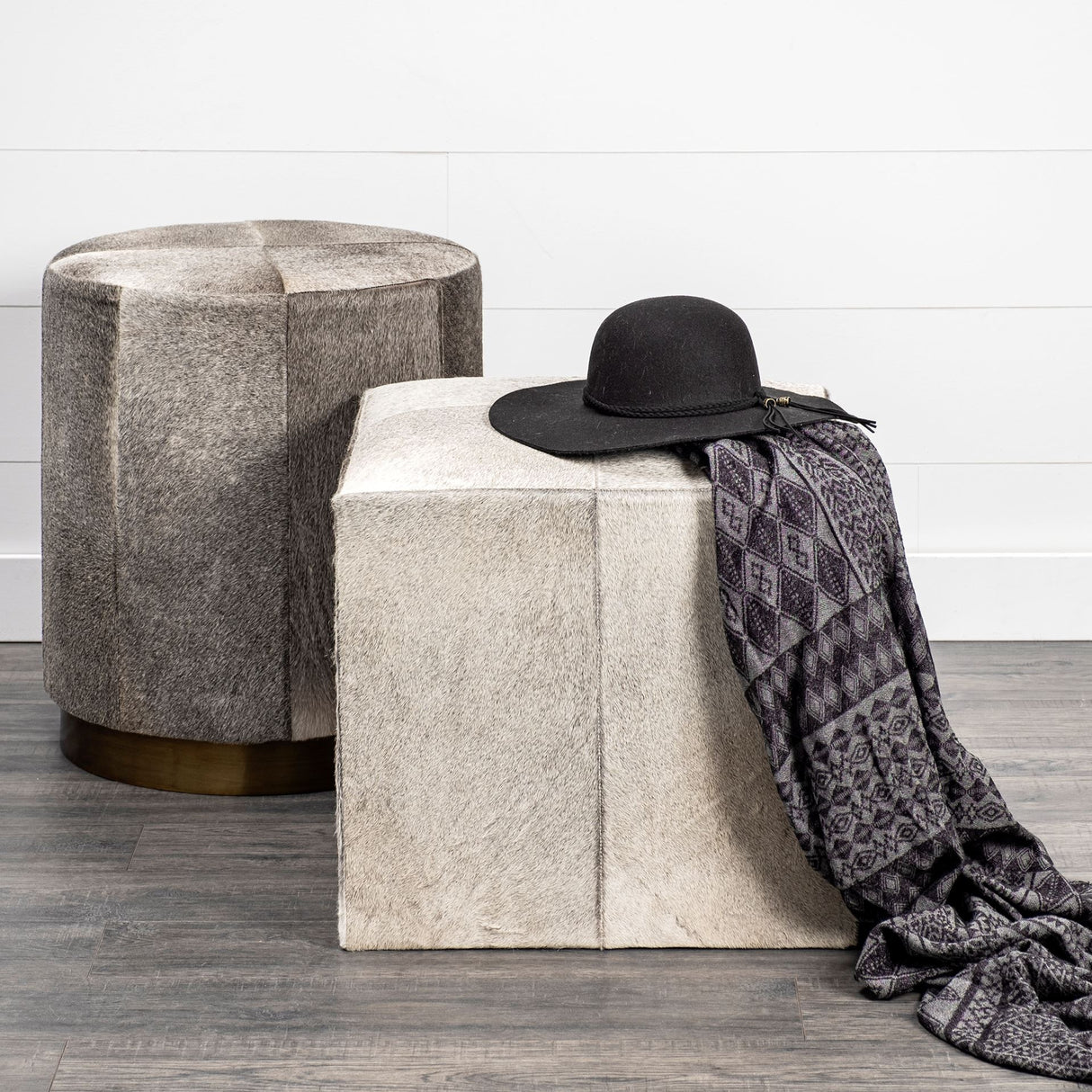 Zahavi I 20" Grey-toned hair-on-hide ottoman from Mercana - Luna Furniture