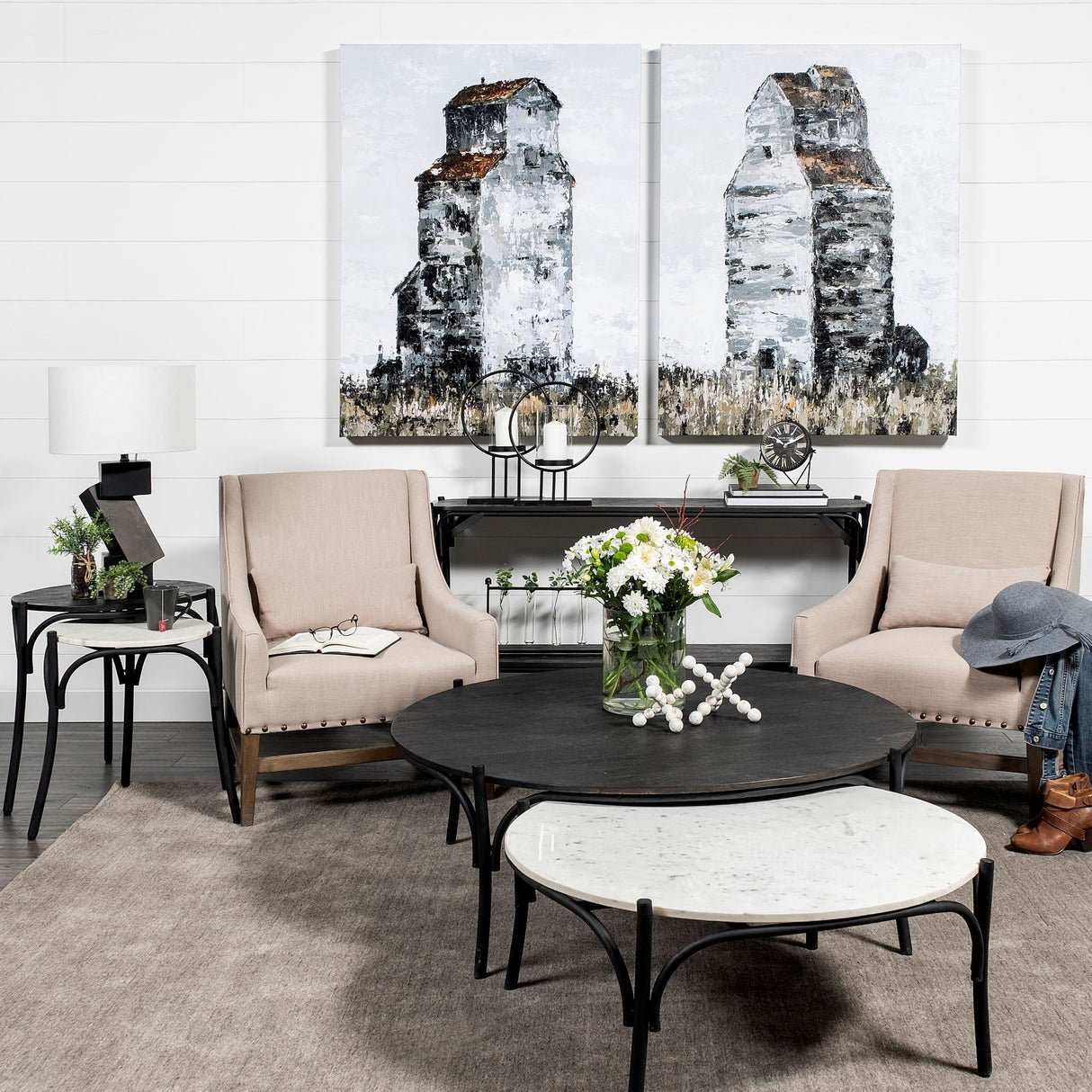 Etienne VII 24" Set of Two Round Top Black Wood and Marble Top Nesting Table from Mercana - Luna Furniture