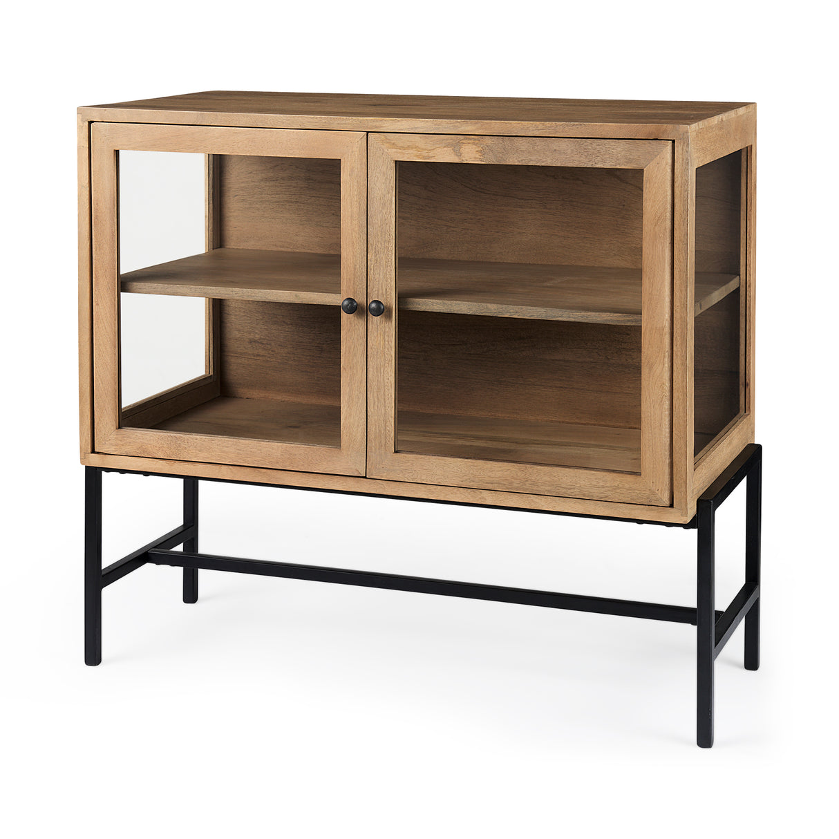 Arelius 36L x 18W x 32H Light Brown Wood, Black Metal Base w/ 2 Glass Doors Accent Cabinet from Mercana - Luna Furniture