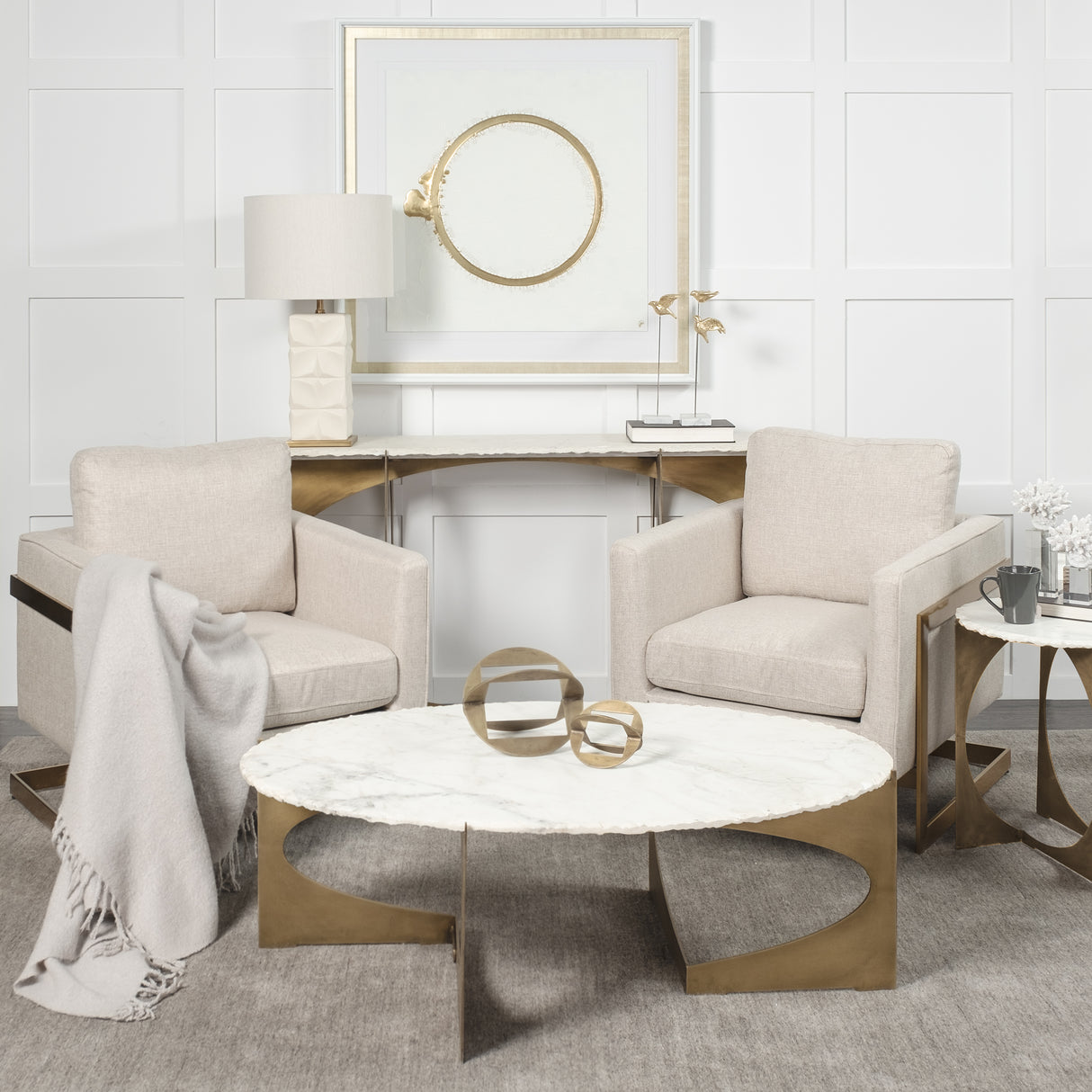 Reinhold IV 59L x 16W White Marble Top Gold Metal Base Console Table from Mercana - Luna Furniture