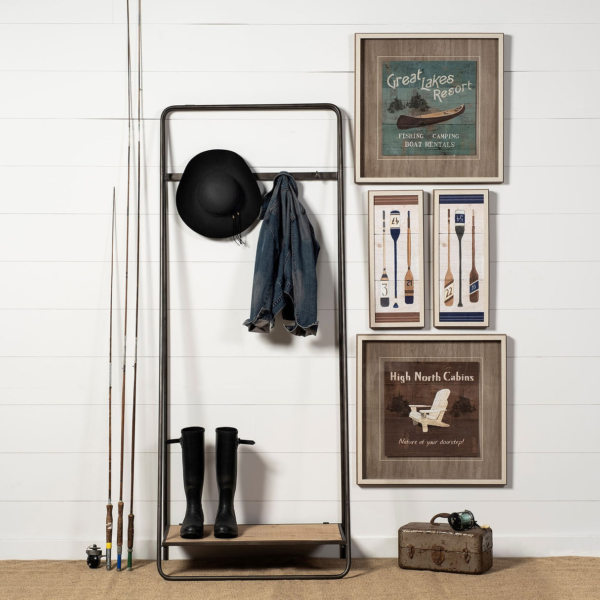 Carell 31L x 18W Black Metal And Wood Shelf Hall Tree from Mercana - Luna Furniture